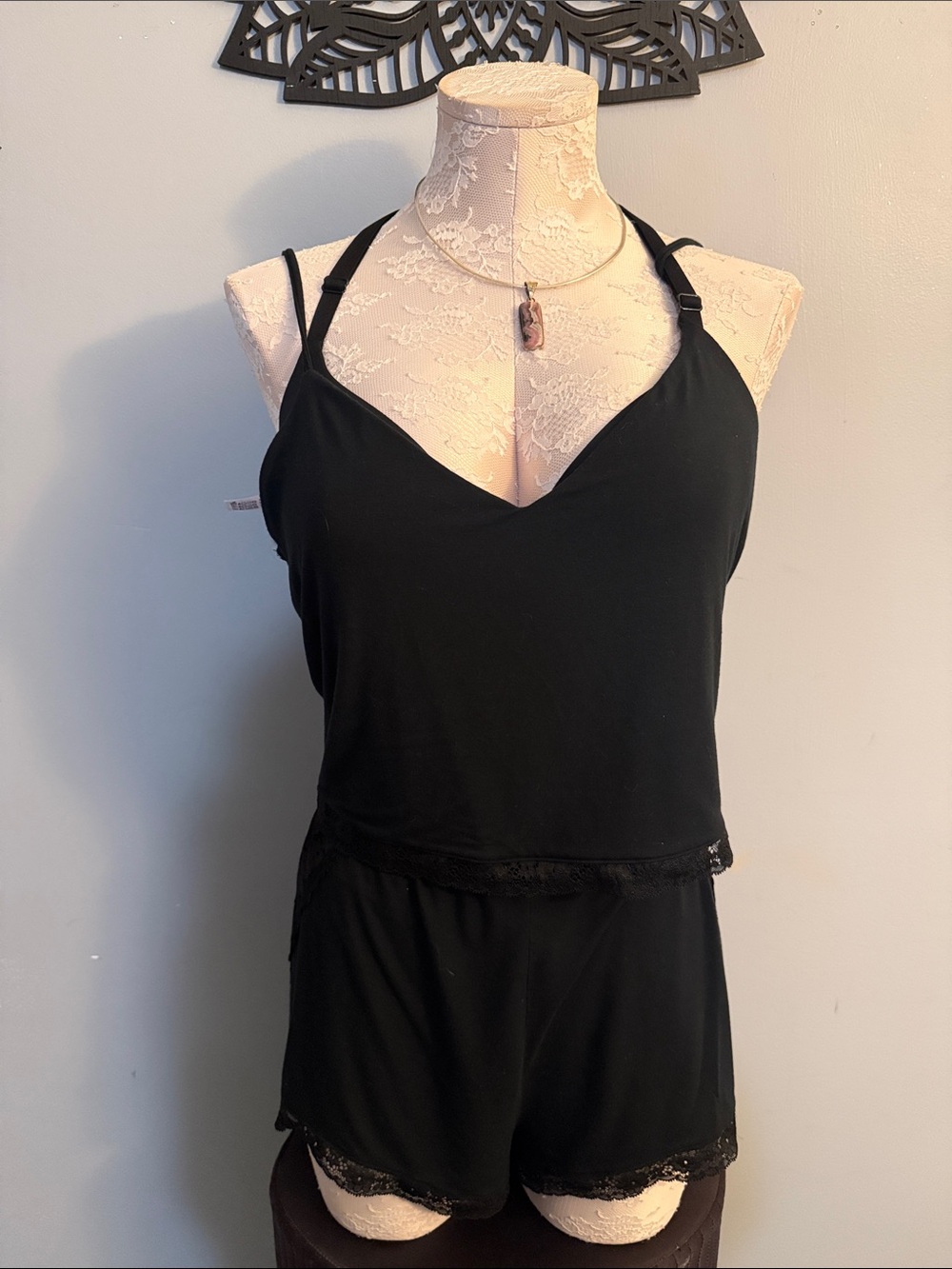 Black Lace-Trim Sleep cami set Lg  - Women Intimates
